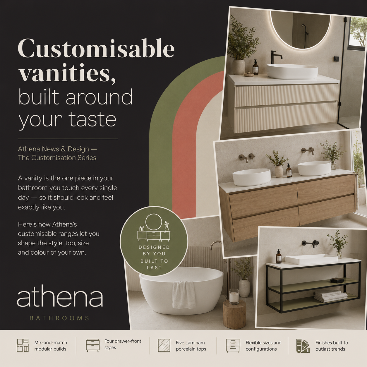 Athena Bathrooms customisable vanity collections featuring Array, Fleet, Syrtari and Alumino vanities with Laminam benchtops in contemporary New Zealand bathroom designs.