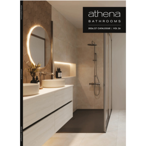 A catalog cover for Athena Bathrooms 2026/2027 Catalogue Vol. 24, featuring a modern bathroom interior with a double vanity, illuminated round mirror, walk-in shower, and beige stone tile walls.
