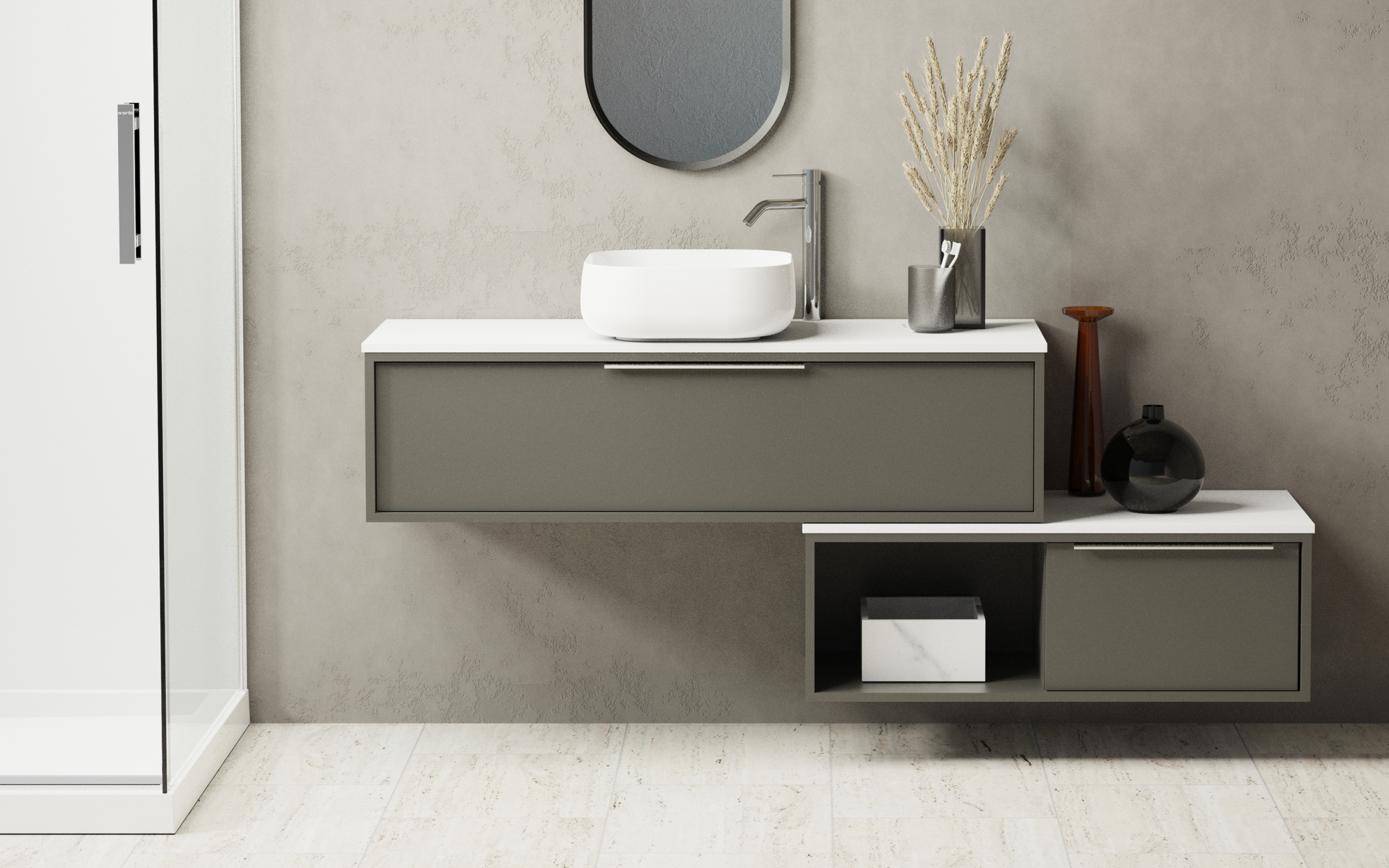 Fleet modular bathroom vanity in Antique finish shown in a mix-and-match configuration