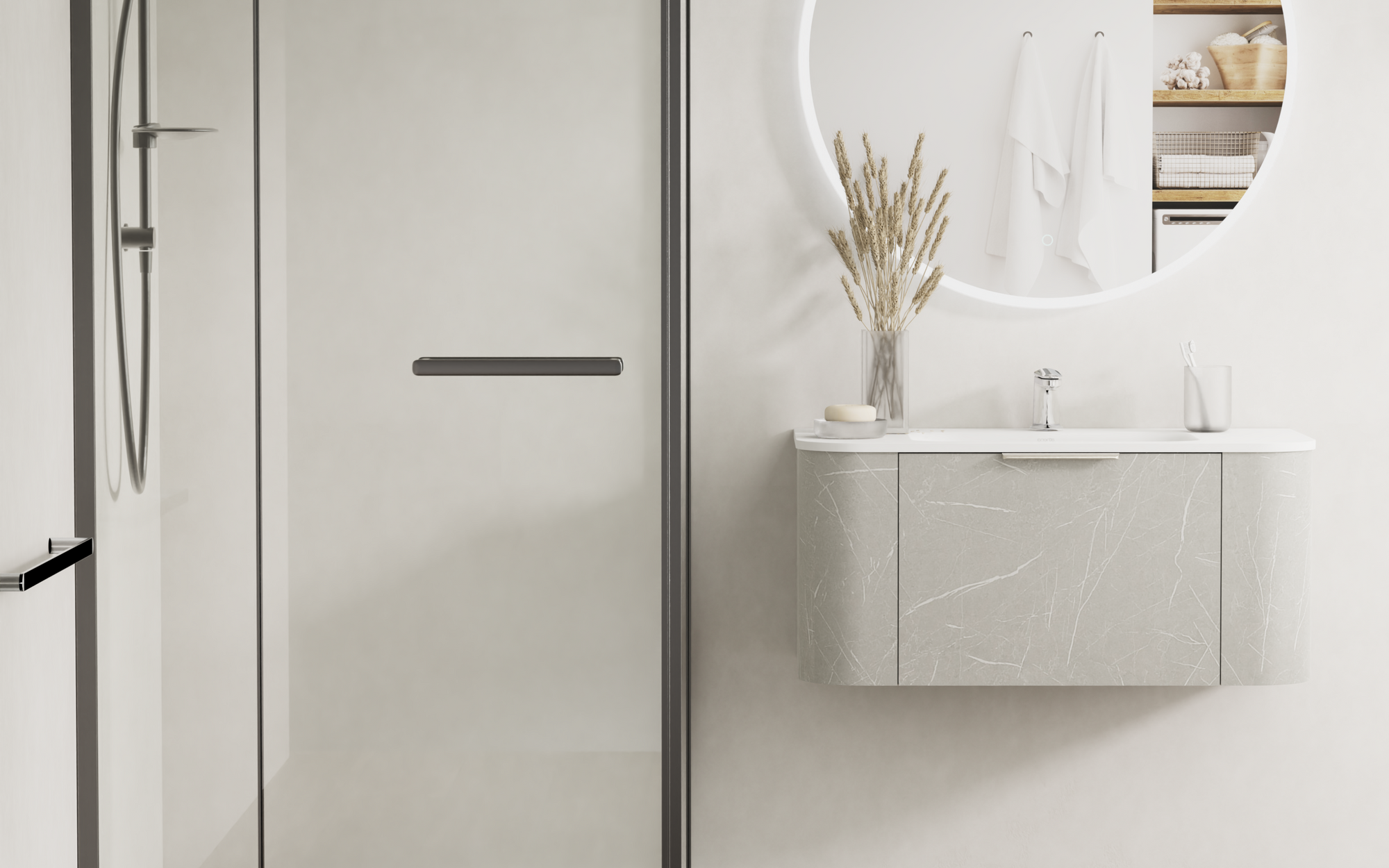 Swift curved vanity in Serifos finish with mid-century inspired sweeping design
